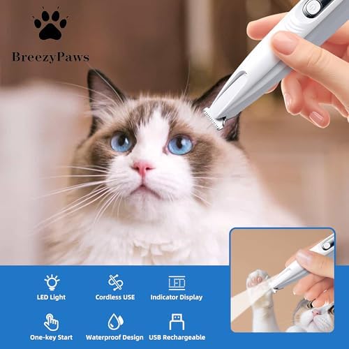 BreeyPaws Cat Clippers Dog Paw Trimmer Grooming Kit,4 in 1 Cat Shaver for matted Fur Claw Silent,Pet Shaver Trimmer for Dogs Cats Paws,2 Speed Battery Display Startup Locked USB Charge Cable (White)