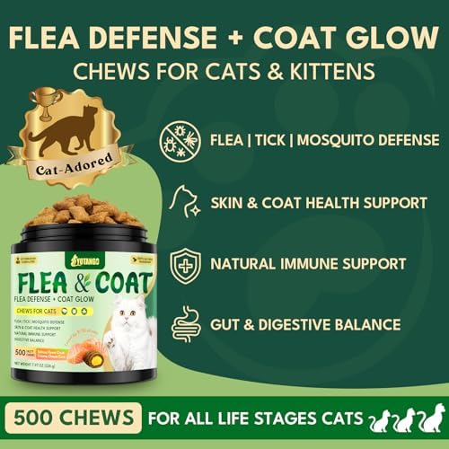 YOTANGO Cat Flea & Tick Chews 500 Crunchy Creamy Chewables, Skin & Coat Support, Salmon Flavor