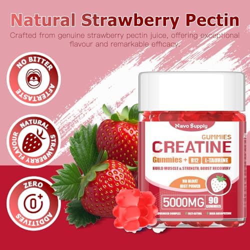 Creatine Monohydrate 5000mg Gummies - Sugar Free Muscle Support Supplement with Electrolytes & Vitamin D3 | Strawberry Flavour Chewable Creatine for Athletes & Fitness