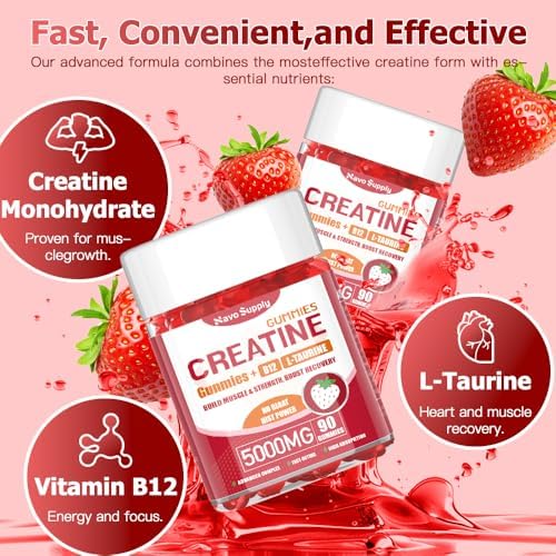 Creatine Monohydrate 5000mg Gummies - Sugar Free Muscle Support Supplement with Electrolytes & Vitamin D3 | Strawberry Flavour Chewable Creatine for Athletes & Fitness