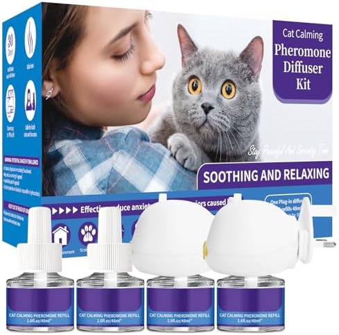 Cat Calming Plug-in - Calming Pheromone Diffuser for Relaxation, Calming Diffuser Kit for Cat with 2 Diffuser + 4 Refill 48ml Vials 6 In 1 for 4 Months of Comfort