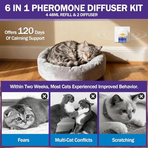 Cat Calming Plug-in - Calming Pheromone Diffuser for Relaxation, Calming Diffuser Kit for Cat with 2 Diffuser + 4 Refill 48ml Vials 6 In 1 for 4 Months of Comfort