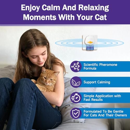 Cat Calming Plug-in - Calming Pheromone Diffuser for Relaxation, Calming Diffuser Kit for Cat with 2 Diffuser + 4 Refill 48ml Vials 6 In 1 for 4 Months of Comfort