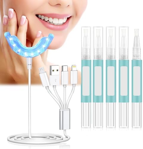 LED Teeth Whitening Kit - Blue Light Whitening Tray and 5 x 3ml Tooth Whitening Gel Pens - Home Teeth Whitener for Sensitive Teeth - Effectively Removes Surface Stains