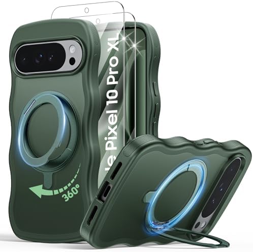 for Google Pixel 10 Pro XL Case with 360°Rotatable Magnetic Ring Stand, 2X HD Tempered Glass Screen Protector,Fit for Wireless Charging,Wavy Edge Design Matte Case for Google Pixel 10 Pro XL,(Green)