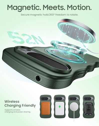 for Google Pixel 10 Pro XL Case with 360°Rotatable Magnetic Ring Stand, 2X HD Tempered Glass Screen Protector,Fit for Wireless Charging,Wavy Edge Design Matte Case for Google Pixel 10 Pro XL,(Green)