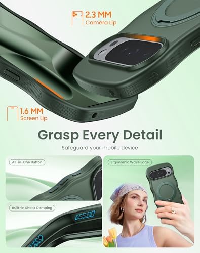 for Google Pixel 10 Pro XL Case with 360°Rotatable Magnetic Ring Stand, 2X HD Tempered Glass Screen Protector,Fit for Wireless Charging,Wavy Edge Design Matte Case for Google Pixel 10 Pro XL,(Green)