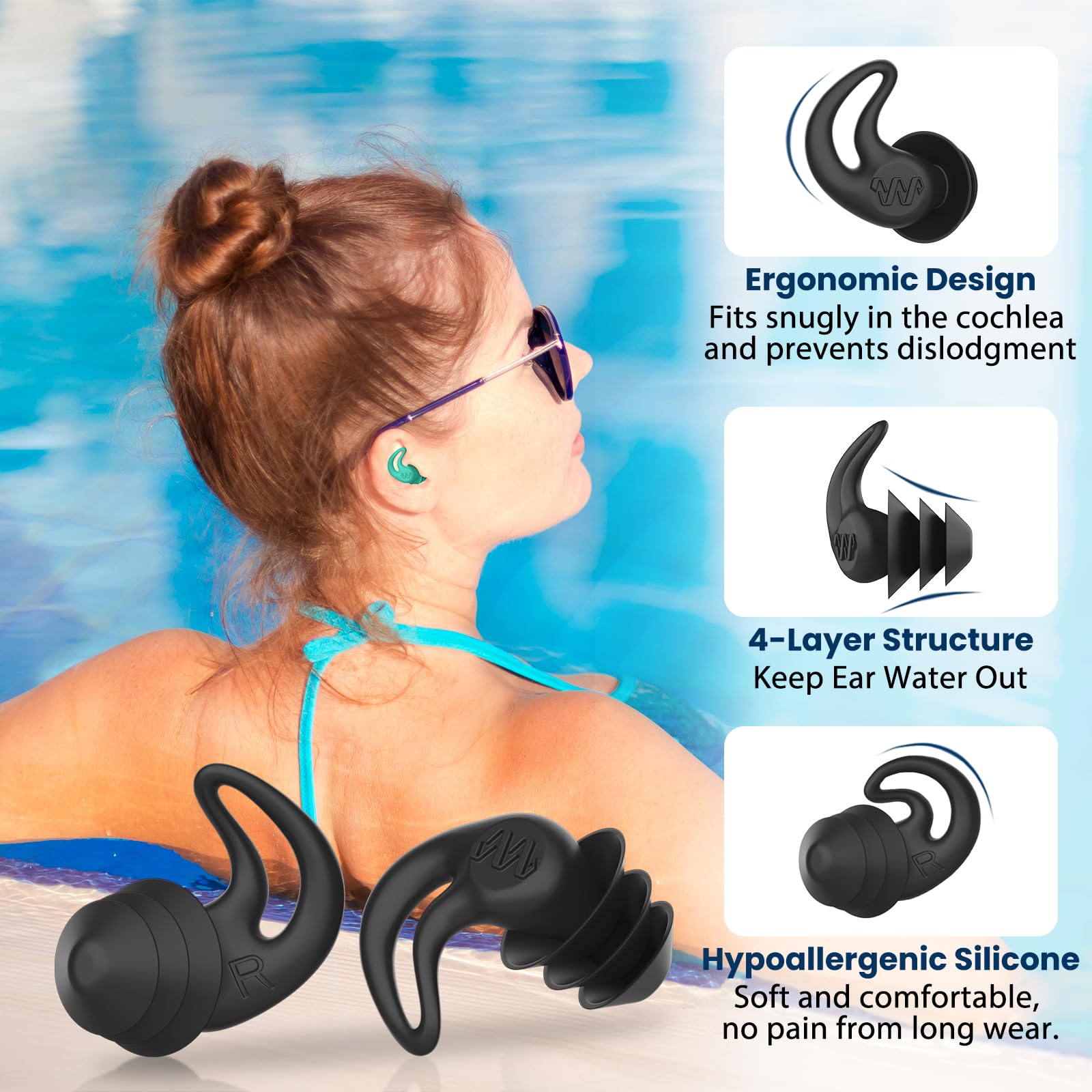Swimming Ear Plugs for Adults - 4 Pairs Silicone Waterproof Swim Earplugs for Surfing,Showering and Other Water Sports - Keep Water Out and Ear Protection.