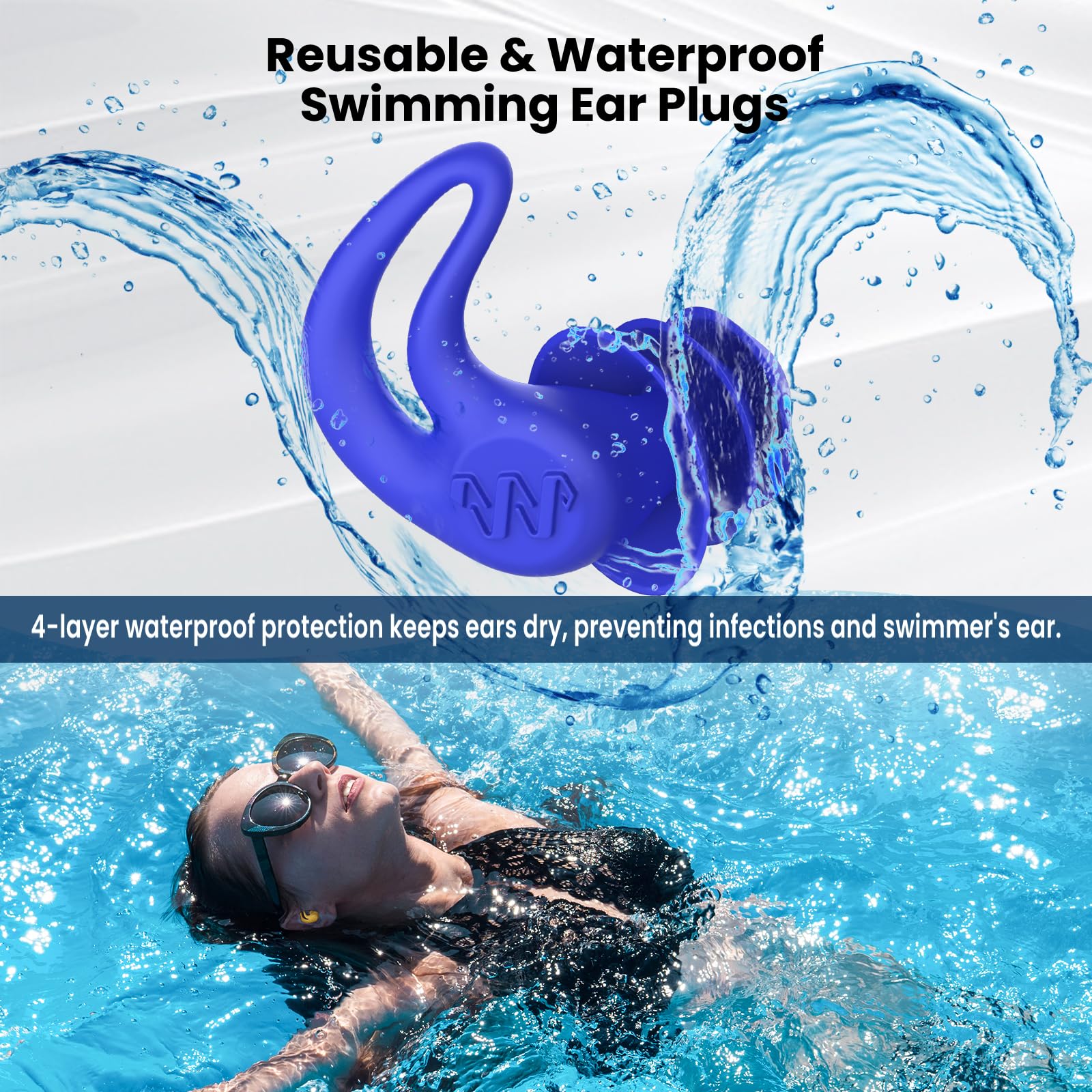 Swimming Ear Plugs for Adults - 4 Pairs Silicone Waterproof Swim Earplugs for Surfing,Showering and Other Water Sports - Keep Water Out and Ear Protection.