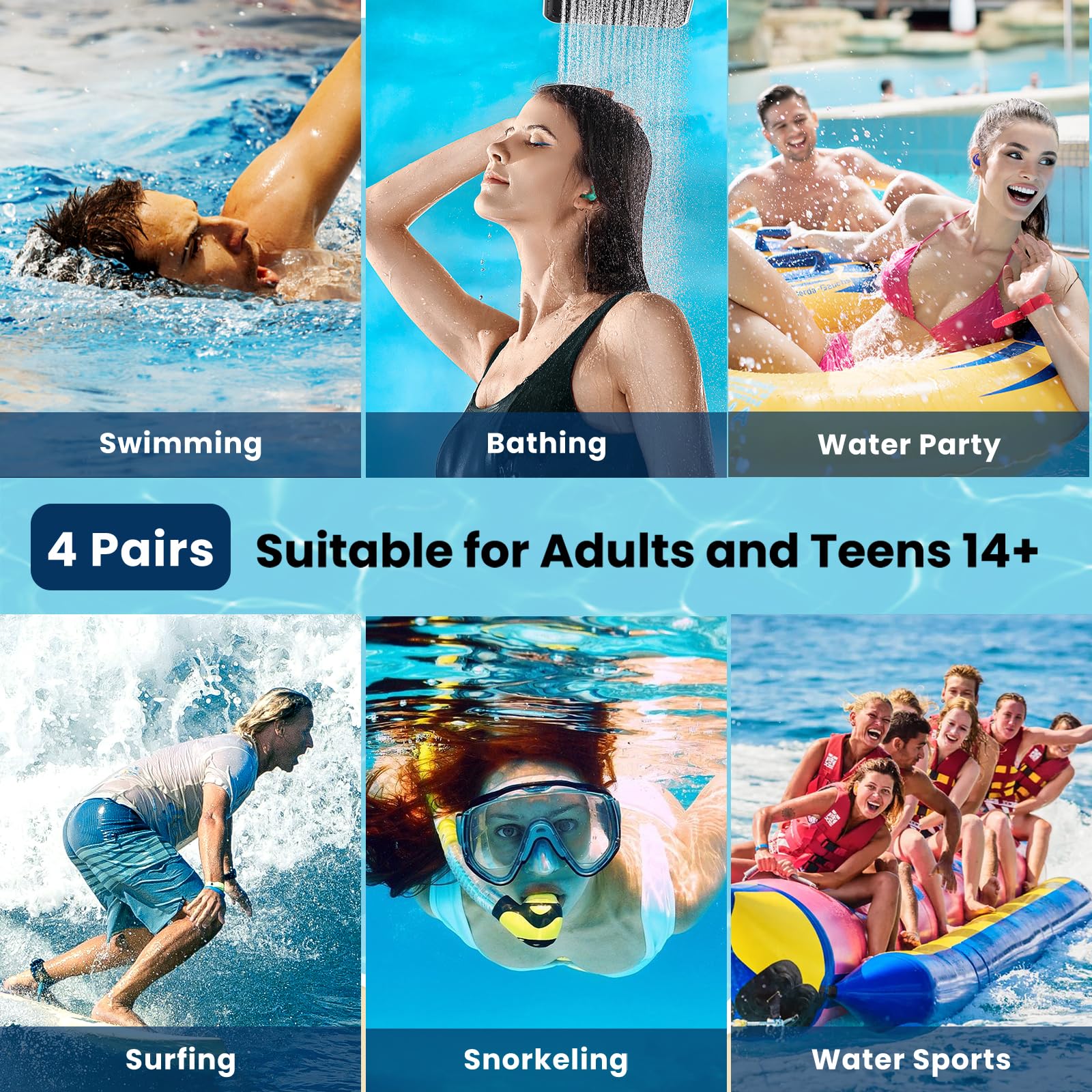 Swimming Ear Plugs for Adults - 4 Pairs Silicone Waterproof Swim Earplugs for Surfing,Showering and Other Water Sports - Keep Water Out and Ear Protection.